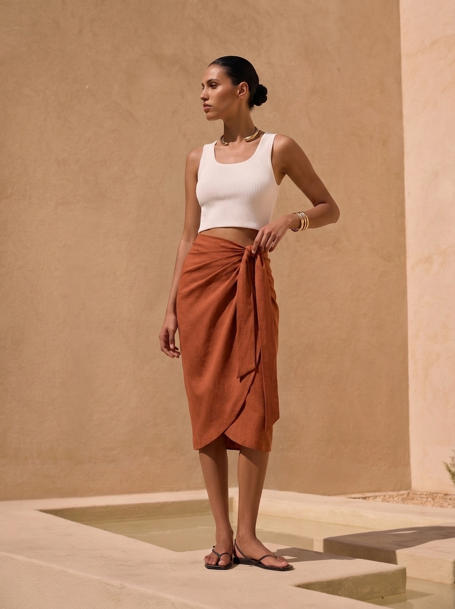 Linen Midi Skirt-Rust - Image 2