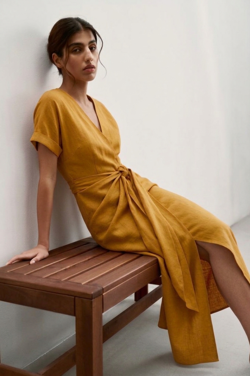 Linen Midi Dress-Yellow - Image 2