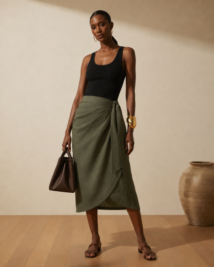 Linen Midi Skirt-Olive