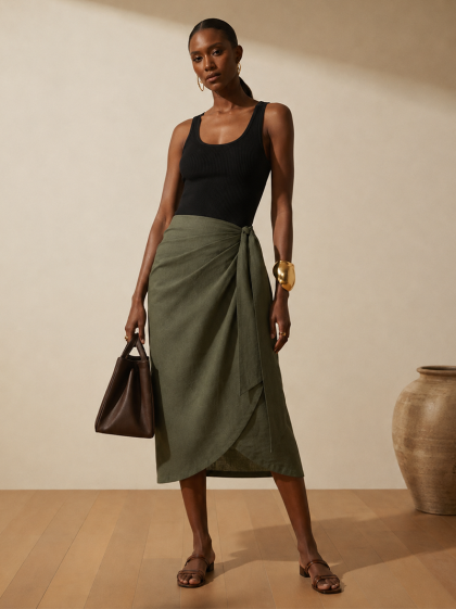 Linen Midi Skirt-Olive