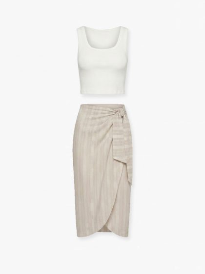 Aletta Midi Skirt-Beige White Stripe