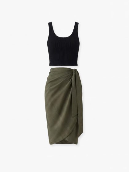 Linen Midi Skirt-Olive