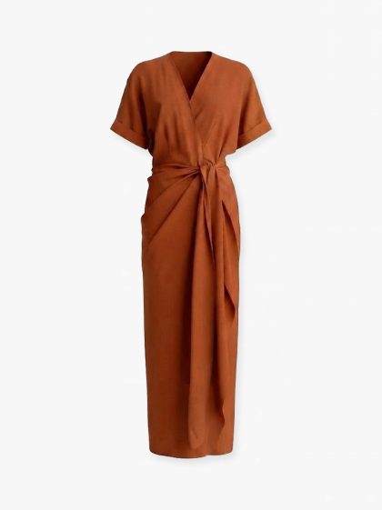Linen Midi Dress-Rust