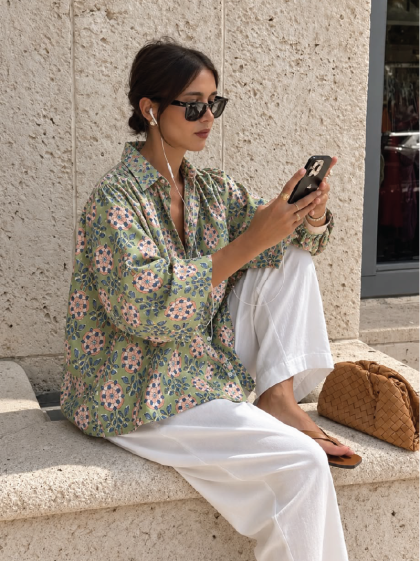 Dana Shirt – Hand Block Sage Green Floral Print