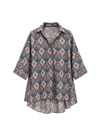 Dana Shirt – Hand Block Charcoal Geometric Print