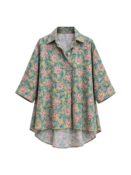 Dana Shirt – Hand Block Green Floral Print