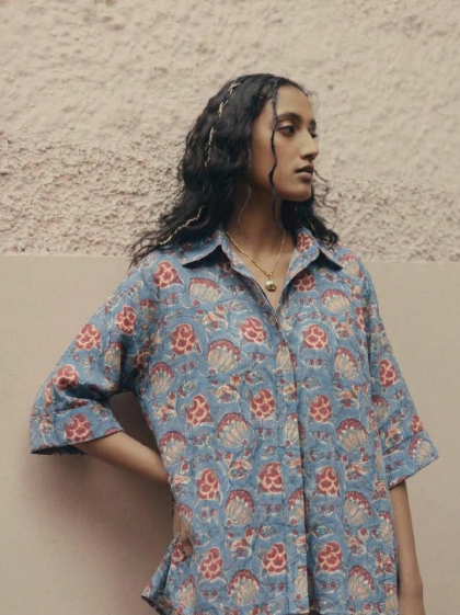 Dana Shirt – Hand Block Blue Paisley Print
